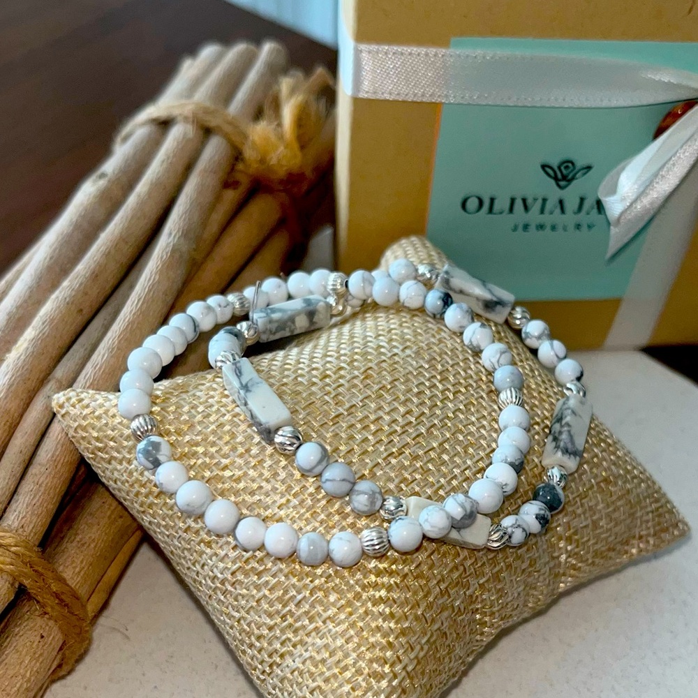 White Howlite & Sterling Silver Stretch Bracelets (set of two)